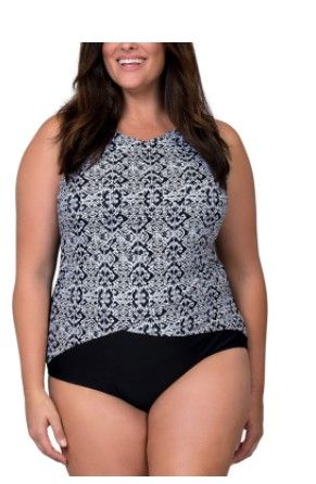 Photo 1 of Caribbean Sand Rouched Panel Front One Piece Bathing Suit Modest Plus Size Swimsuit for Women with Tummy Control Black/White
size 18w
