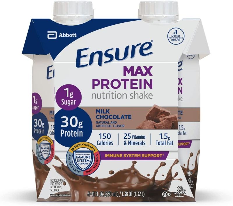 Photo 1 of **BB: 06/01/2022** -3 OF: Ensure Max Protein Nutrition Shake with 30g of Protein, 1g of Sugar, High Protein Shake, Milk Chocolate, 11 fl oz, 4 Count
