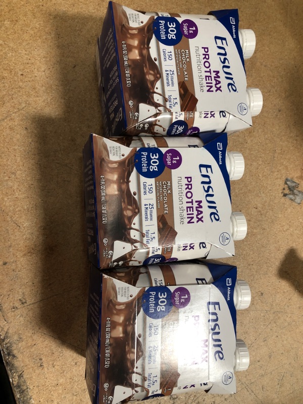 Photo 2 of **BB: 06/01/2022** -3 OF: Ensure Max Protein Nutrition Shake with 30g of Protein, 1g of Sugar, High Protein Shake, Milk Chocolate, 11 fl oz, 4 Count
