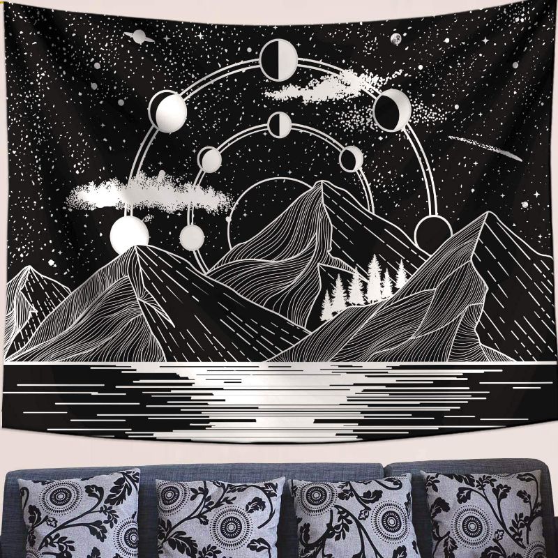 Photo 1 of *2 of -Zussun Mountain Moon Tapestry Stars River Black and White Art Tapestry Wall Hanging Home Decor (35" x 47")
