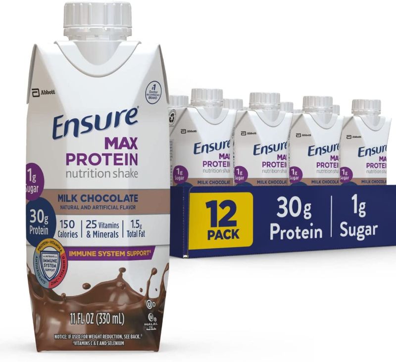 Photo 1 of **non-refundable**
best by 6/1/22
Ensure Max Protein Nutrition Shake with 30g of Protein, 1g of Sugar, High Protein Shake, Milk Chocolate, 11 fl oz, 12 Count
