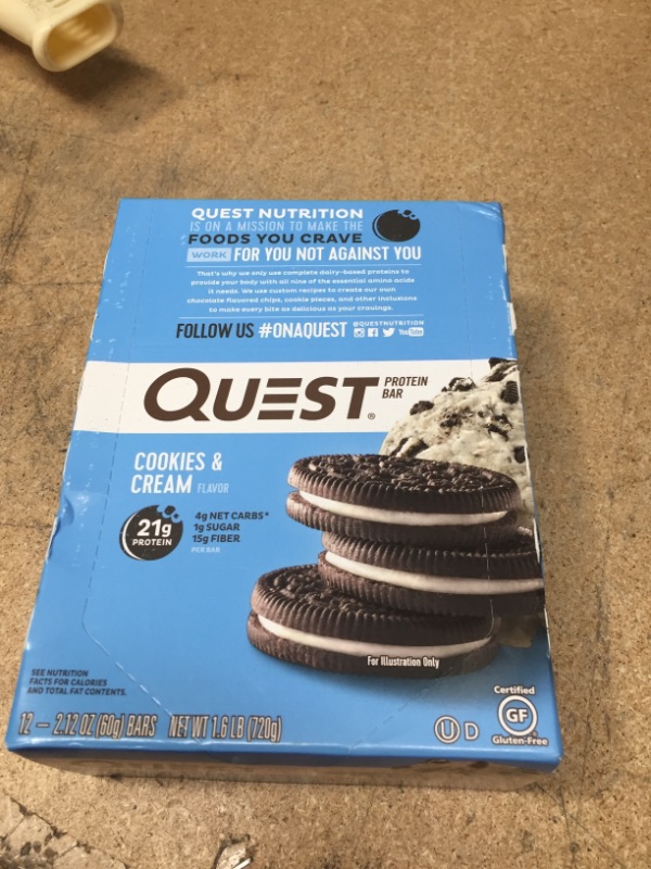 Photo 2 of ***non-refundable**
best by 5/23/22
Quest Nutrition Cookies & Cream Protein Bar, High Protein, Low Carb, Gluten Free, Keto Friendly, 12 Count
