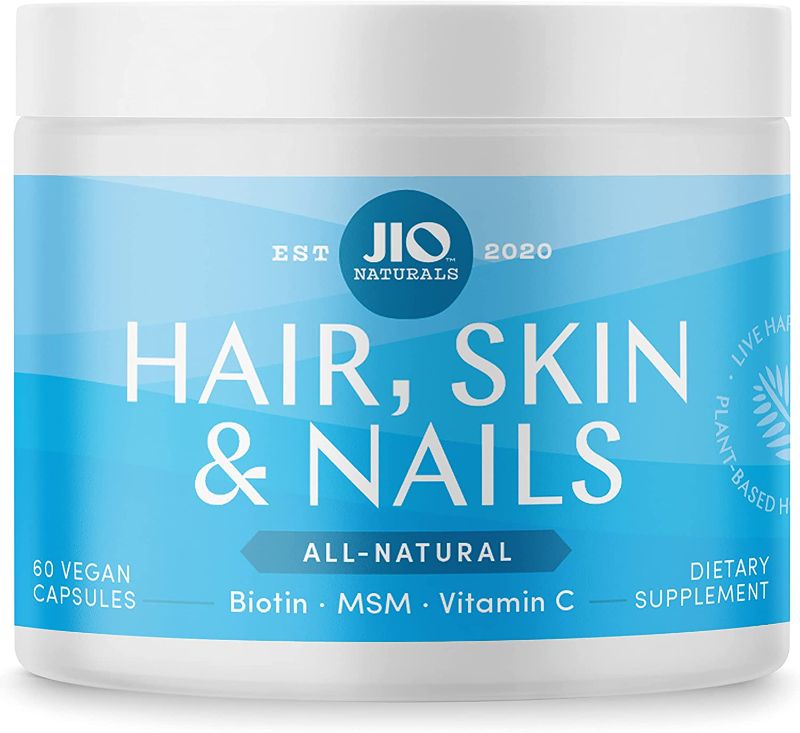 Photo 1 of **NON-REFUNDABLE**
BEST BY 05/24
Skin, Nails, and Hair Growth Vitamins – Vegan Vitamin C, Biotin, and MSM Supplement for Women and Men – Promotes Healthy Hair Skin and Nails by Jio Naturals, 60 Capsules
