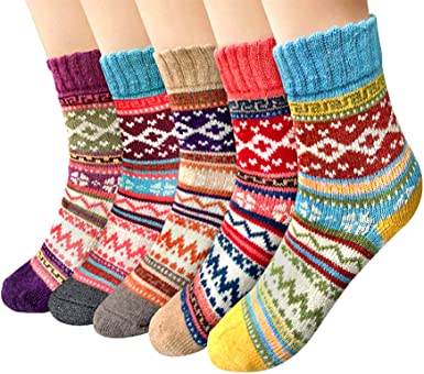 Photo 1 of 5 Pairs Wool Socks for Women Gifts Winter Warm Thick Knit Cabin Cozy Crew Socks
