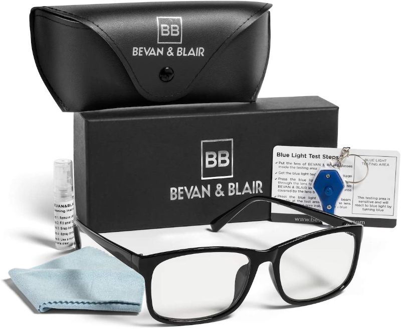 Photo 1 of Blue Light Blocking Glasses Men Women, All-in-One Bundle Kit, Non Prescription Large Square Frame Glasses, Anti Glare UV Filter Blue Blockers, Reduce Computer Screen Eye Strain by BEVAN & BLAIR