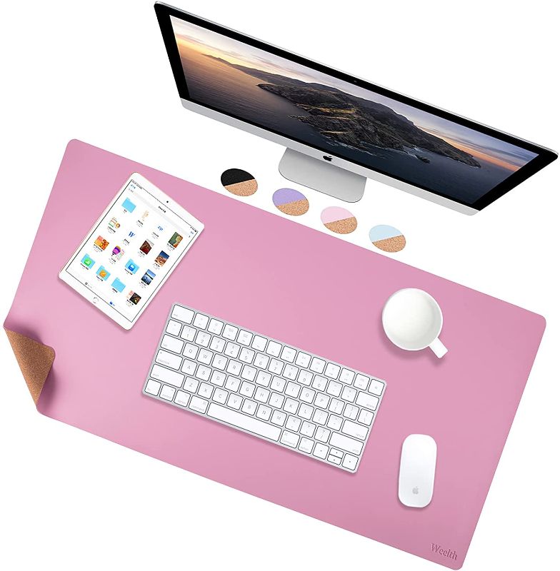 Photo 1 of Weelth Natural Cork & Leather Dual Sided Desk Mat, for OfficeHomeGaming (Pink, 31.5 x 15.7), 32 x 16
