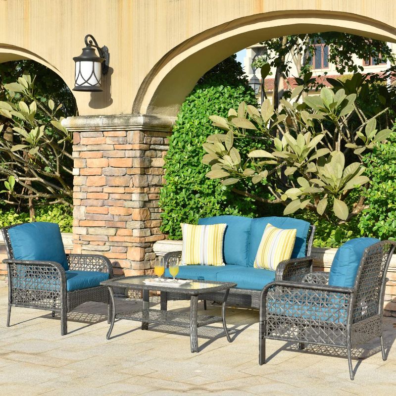 Photo 1 of **box 2 only** ovios Patio Wicker Outdoor Furniture Sets, Outdoor Patio Furniture Sets, All Weather Patio Furniture, Rattan Wicker Conversation Set with Cushions and Coffee Table (Gray Wicker + Blue Cushion)
