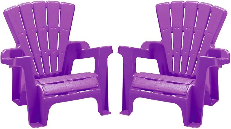 Photo 1 of American Plastic Toys Kids’ Adirondack Chairs (Pack of 2), Purple, Outdoor, Indoor, Beach, Backyard, Lawn, Stackable, Lightweight, Portable, Wide Armrests, Comfortable Lounge Chairs for Children
