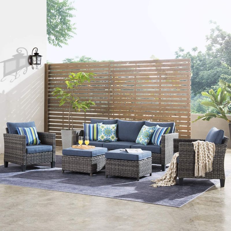 Photo 1 of **box 2 only** ovios Patio Furniture, Outdoor Furniture Sets, Modern Wicker Patio Furniture Sectional and 2 Pillows, All Weather Garden Patio Sofa, Backyard, Steel (Grey-Denim Blue)
