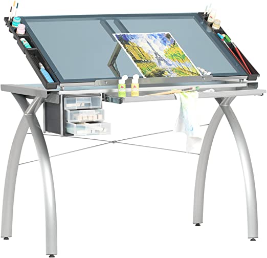 Photo 1 of SD Studio Designs Futura Modern Top Adjustable Drafting Craft Drawing Hobby Table Writing Studio Desk with Drawers, 38''W x 24''D, Silver/Blue Tempered Glass
LOOSE HARDWARE