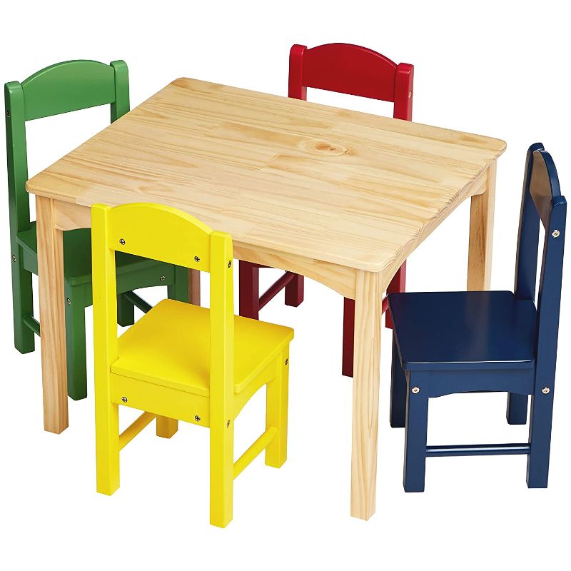 Photo 1 of Amazon Basics Kids Wood Table and 4 Chair Set, Natural Table, Assorted Color Chairs