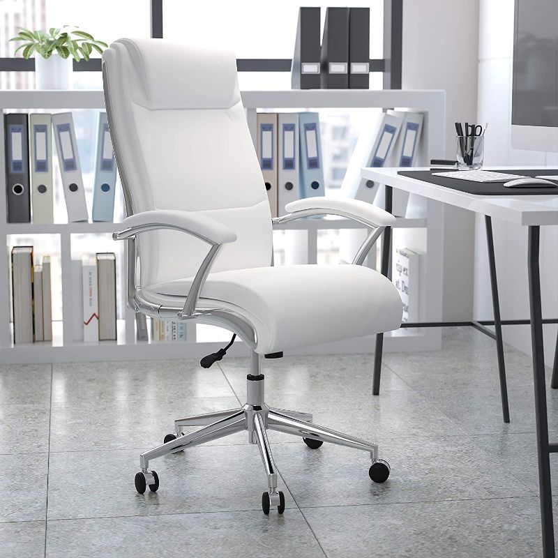 Photo 1 of **DAMAGE SHOWN IN PICTURE**
Flash Furniture High Back Designer White LeatherSoft Smooth Upholstered Executive Swivel Office Chair with Chrome Base and Arms
