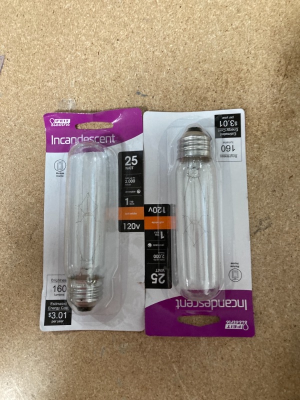 Photo 2 of Feit Electric
25-Watt Soft White (2700K) T10 Dimmable E26 Base Incandescent Light Bulb 2 PACK