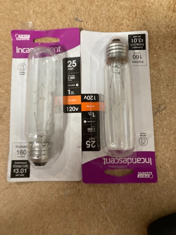 Photo 2 of Feit Electric
25-Watt Soft White (2700K) T10 Dimmable E26 Base Incandescent Light Bulb 2 PACK 