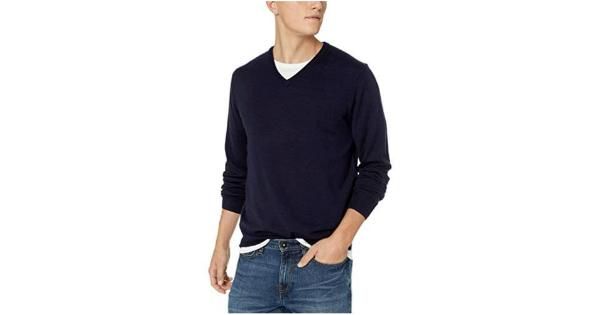 Photo 1 of Brand - Goodthreads Men's Lightweight Merino Wool V-Neck Sweater, Navy, Size L TALL