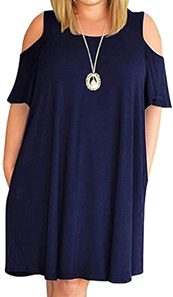 Photo 1 of HBEYYTO Women Plus Size Dresses Cold Shoulder Short Sleeve Casual Loose T-Shirt Swing Dress with Pockets
SIZE: XL