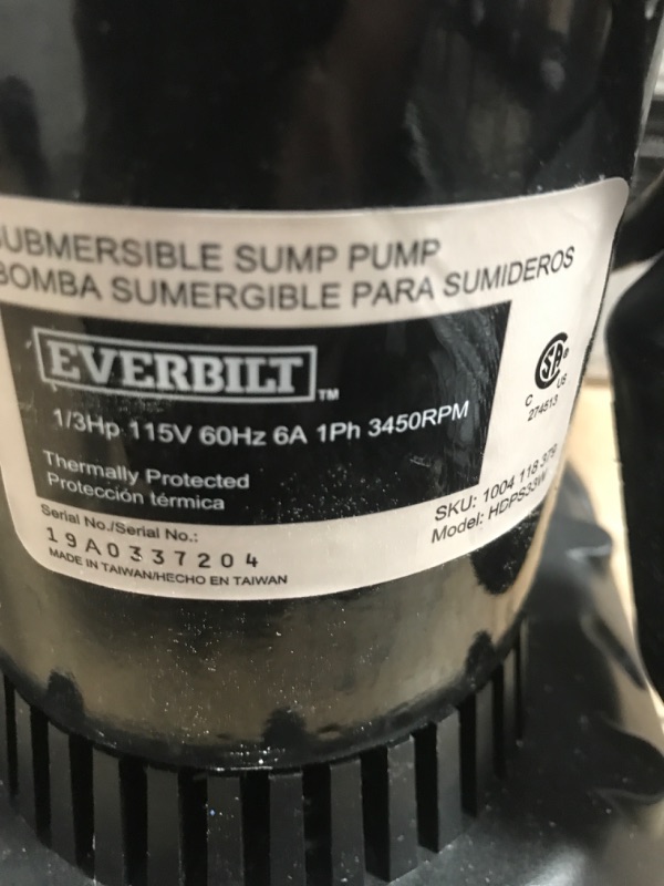 Photo 2 of Everbilt
1/3 HP Submersible Aluminum Sump Pump with Tethered Switch *Nonfunctional Parts only*