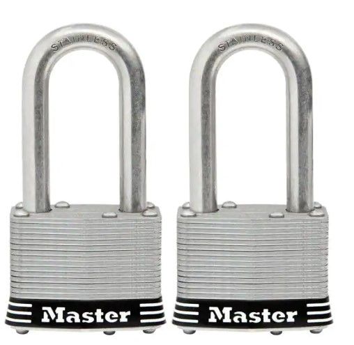 Photo 1 of **missing key** Master Lock Stainless Steel Outdoor Padlock with Key, 2 in. Wide, 2 in. Shackle, 2 Pack