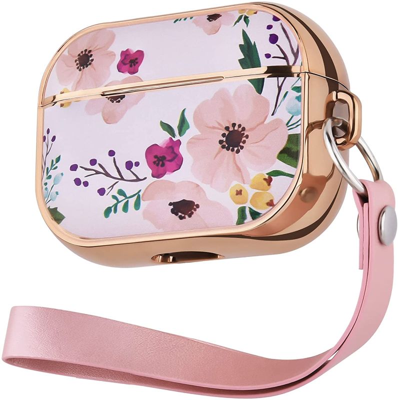 Photo 1 of OLEBAND Airpod Pro Case with Keychain and Cute Floral Skin,Air Pod Pro Hard Flexible TPU Protective Cover and Accessory,for Women and Girls,Compatible with Apple iPods Pro,Pink Flower and a watch band
