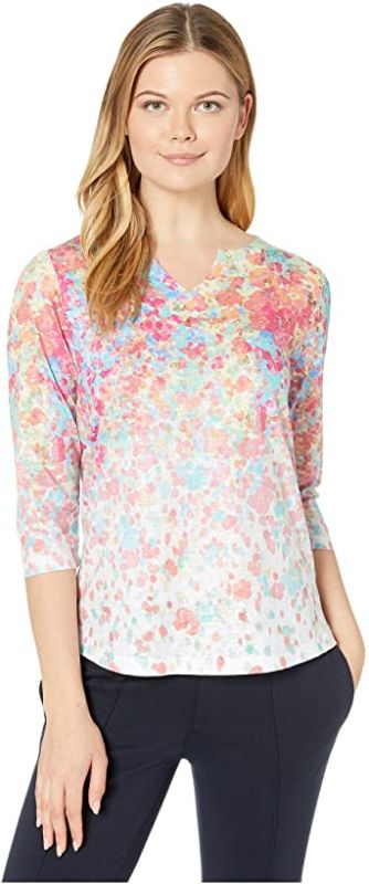 Photo 1 of FDJ French Dressing Jeans Smooth Jersey Floral Burst Notched Crew 3/4 Length Sleeve Top, Multi size medium 