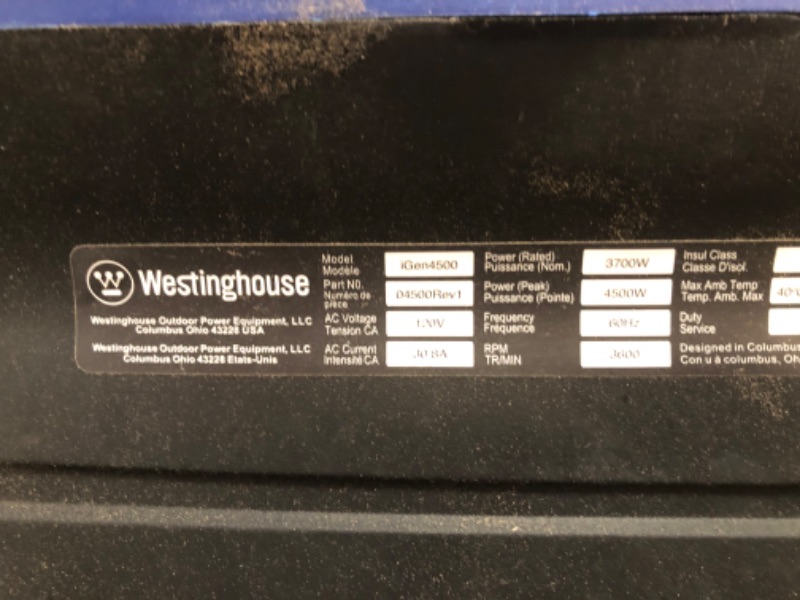 Photo 7 of (CRACKED SIDE; MISSING REMOTE; DIRT COMES OUT OF MACHINE WHEN TILTED)
Westinghouse iGen4500DFc 4500-Watt/3700-Watt Dual Fuel Inverter Generator