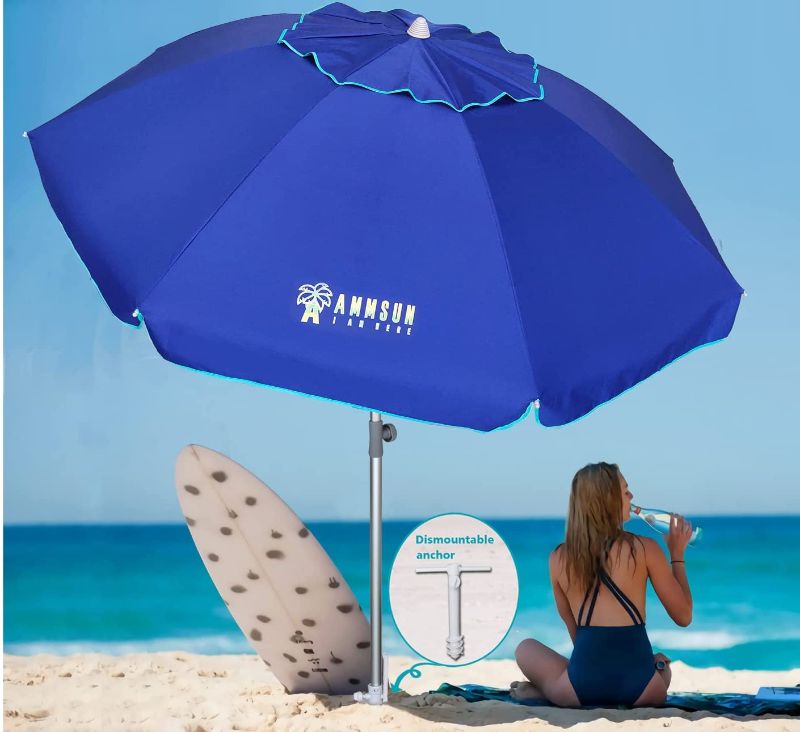 Photo 1 of **DAMAGED** AMMSUN 7 Foot Heavy Duty HIGH Wind Beach Umbrella with sand anchor & Tilt Sun Shelter, UV 50+ Protection Outdoor Sunshade Umbrella with Carry Bag for Patio Garden Beach Pool Backyard Blue
