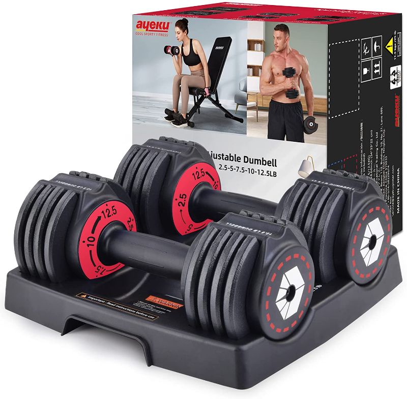 Photo 1 of **MINOR WARE**MISSING PARTS** AyeKu Adjustable Dumbbell Set 2.5/12.5lb Dumbbells for Men and Women,Fast Adjust Weight by Turning Handle,Black Dumbbell with Tray Suitable for Full Body...
