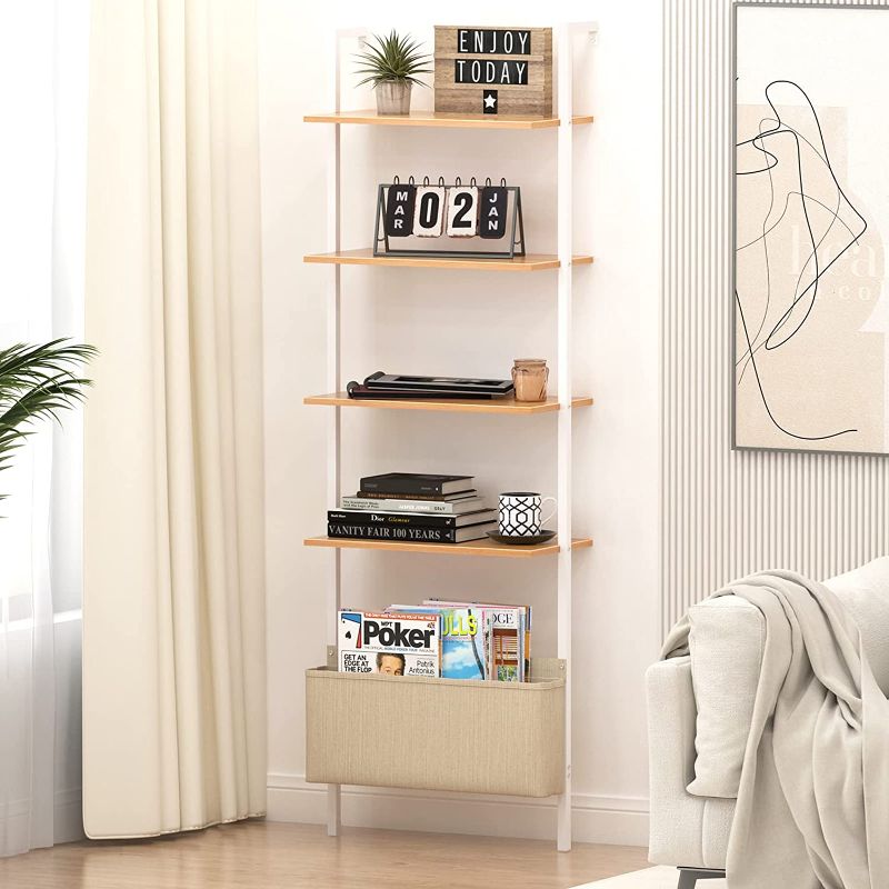 Photo 1 of **Missing Parts** SogesHome Wall-Mounted Ladder Shelf, 4-Tier Modern Bookshelf with Metal Frame, Wood Open Shelf Stand for Organize Plant Flower Display, Kitchen, Living-Room, Bedroom, Office
