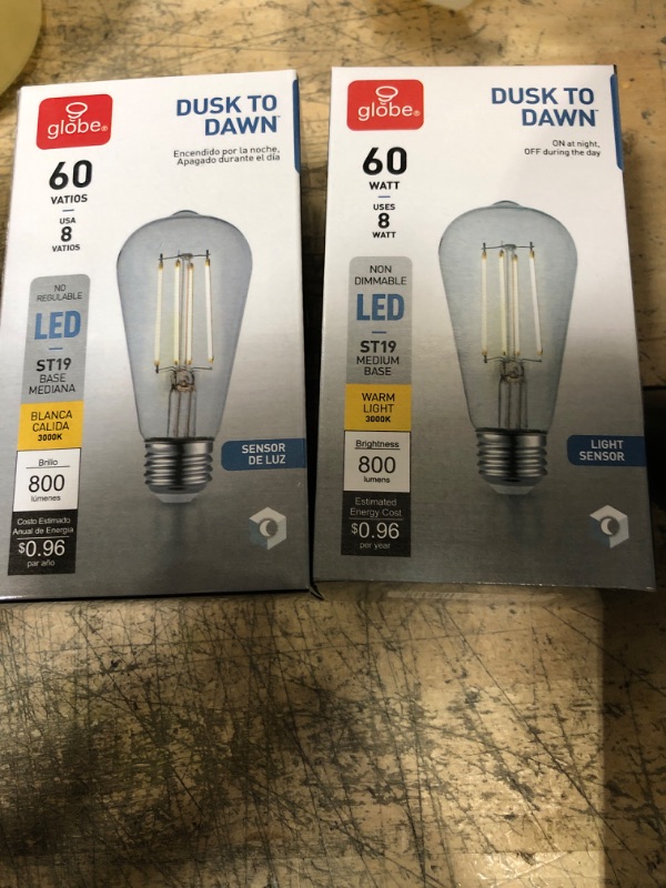 Photo 2 of 2 PACK - Globe Electric
60-Watt Equivalent ST19 Dusk to Dawn Vintage Edison LED Light Bulb Warm White, Non-Dimmable