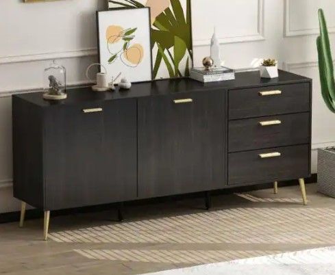 Photo 1 of *INCOMPLETE* 69 in. Black Wood 2-Door and 3-Drawers Storage Accent Cabinet With Metal Leg Storage Cupboard, TV Stand Buffet Sideboard