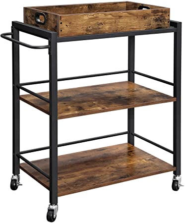 Photo 1 of VASAGLE Bar Cart, Kitchen Serving Cart, Utility Cart with Wheels and Handle, Universal Casters with Brakes, Leveling Feet, Rusic Brown and Black ULRC72X
