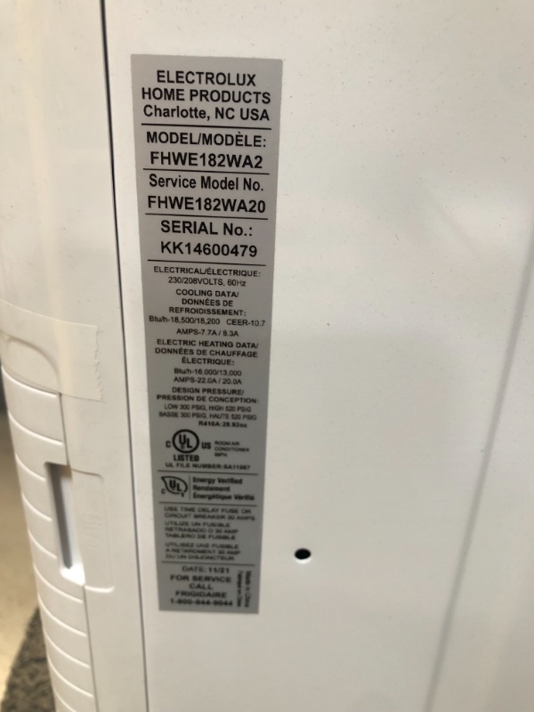 Photo 6 of *AC UNIT NEEDS ADAPTER TO FIT INTO POWER OUTLET*
Frigidaire Window Room Air Conditioner, 18,500 BTU with Supplemental Heat and Slide Out Chassis, in White
