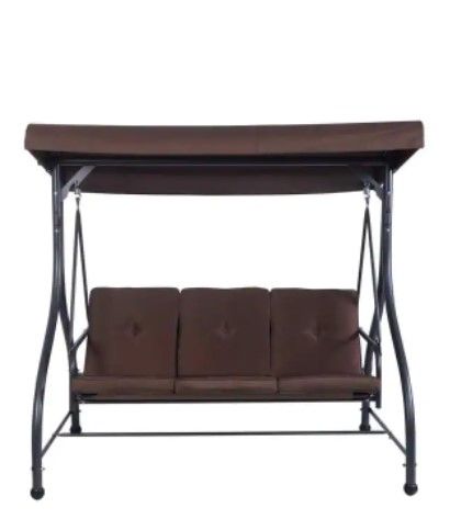 Photo 1 of 
3-Person Steel Metal Outdoor Patio Swing Canopy Hammock with Brown Cushions