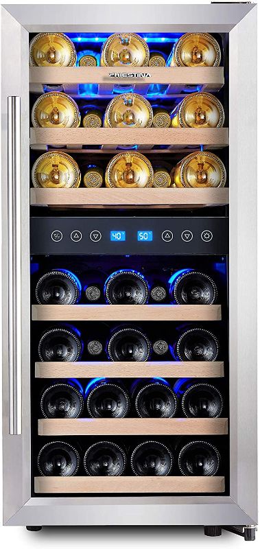 Photo 1 of Phiestina Dual Zone Wine Cooler Refrigerator - 33 Bottle Free Standing Compressor Fridge and Chiller for Red and White Wines - 16'' Glass Door Wine Refrigerator with Digital Memory Temperature Control
