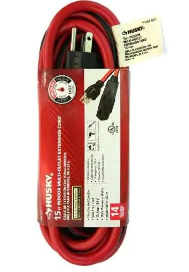 Photo 1 of Husky 15 ft. 14/3 Medium-Duty Indoor Multi-Outlet Extension Cord, Red/Black- 2 pack 