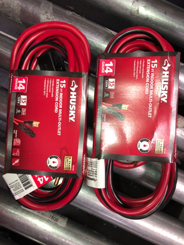 Photo 2 of Husky 15 ft. 14/3 Medium-Duty Indoor Multi-Outlet Extension Cord, Red/Black- 2 pack 