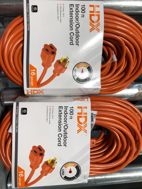 Photo 2 of HDX 100 ft. 16/3 Indoor/Outdoor Extension Cord, Orange-2 pack 