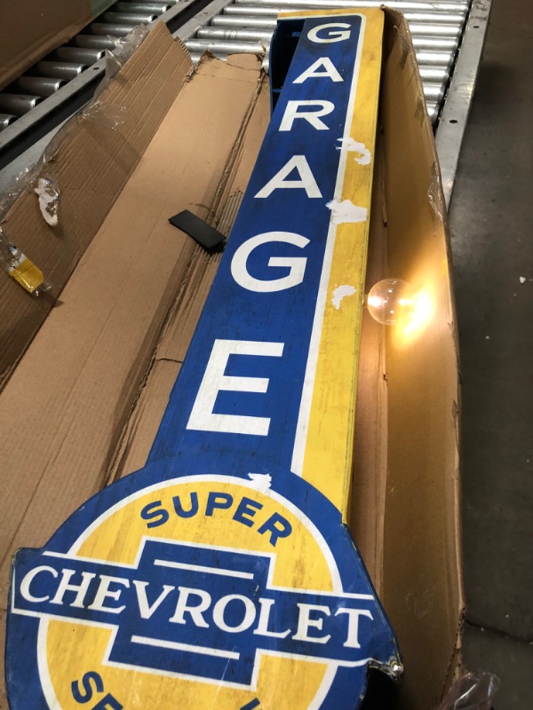 Photo 2 of **LIGHT DAMAGE**Chevrolet Licensed Super Service Garage - Reproduction Vintage Advertising Sign - Battery Powered LED Lights, Double Sided Metal Wall Mounted - 40 x 8 x 4 inches
