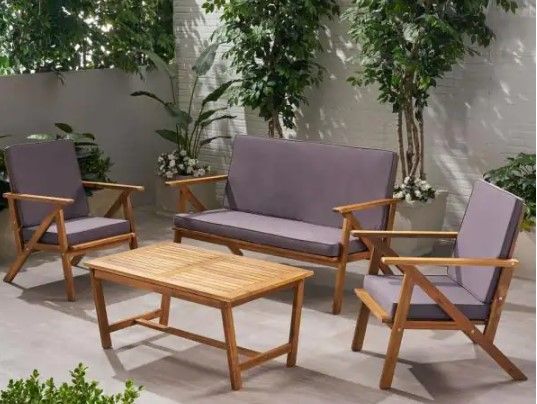 Photo 1 of **INCOMPLETE SET**BOX 1 OUT OF 4 BOXES**TABLE AND CHAIR PIECES ONLY* Noble House
Panama Teak Finish 4-Piece Wood Patio Conversation Set with Grey Cushions