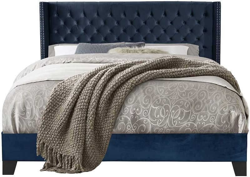 Photo 1 of **HEADBOARD ONLY ****INCOMPLETE Nathaniel Home Aliyah Velvet Upholstered Platform Bed Deep Button Tufting Frame Bed with Wingback Headboard/ Mattress Foundation/ Wood Slat Support/ No Box Spring Needed/ Easy Assembly, Blue, Queen
(MISSING BOXES TO BE COMP