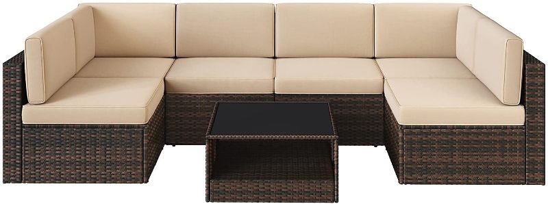 Photo 1 of **MISSING SECTIONS** ONLY BOX 2 OUT OF 3** SONGMICS 7-Piece Patio Furniture Set, Outdoor Sectional Sofa Couch, Handwoven PE Wicker Rattan Patio Conversation Set, with Cushions and Glass Table, Brown...
