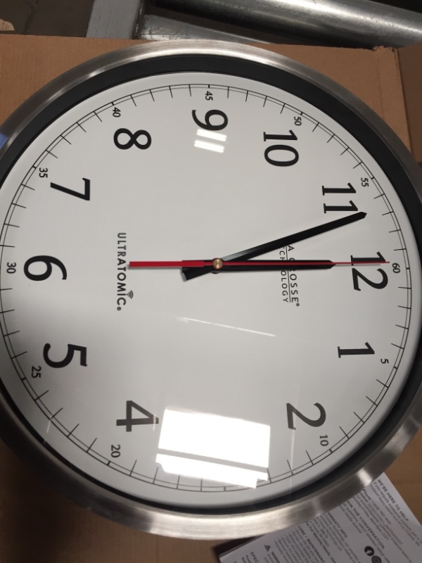 Photo 3 of **MINOR DAMAGE**UNABLE TO TEST* La Crosse Technology
14 in. UltrAtomic Stainless Steel Analog Wall Clock with Shatterproof Lens