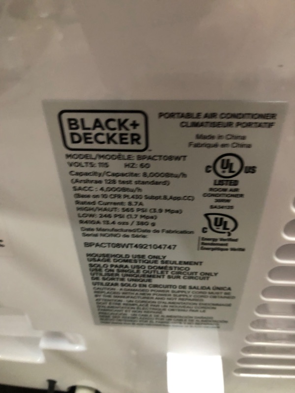 Photo 2 of BLACK+DECKER 8,000 BTU Portable Air Conditioner with Remote Control, White