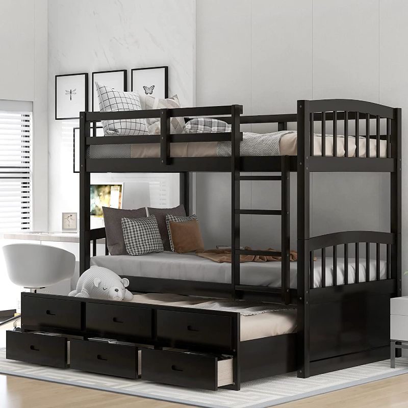 Photo 1 of **box 1 only** Twin Over Twin Bunk Bed with Trundle, Wooden Bunk Bed Frame with 3 Drawers for Kids, Teens, Adults (Espresso)
