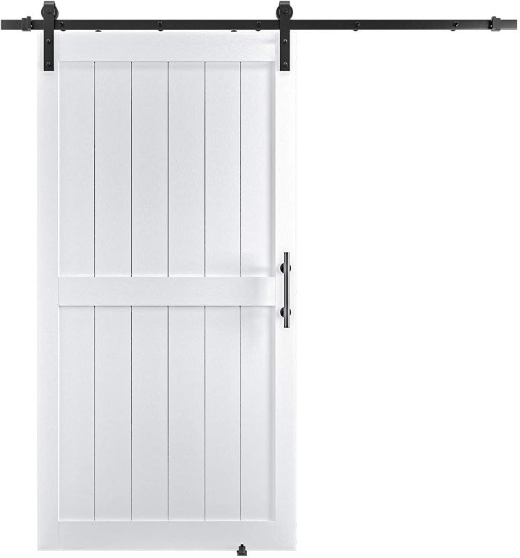 Photo 1 of **box 1 only** COSHOMER 42in x 84in MDF Sliding Barn Door with 7ft Barn Door Hardware Kit & Handle, Pre-Drilled Holes Easy Assembly -Solid Wood Slab Inside Covered with Water-Proof PVC Surface, White, H-Frame
