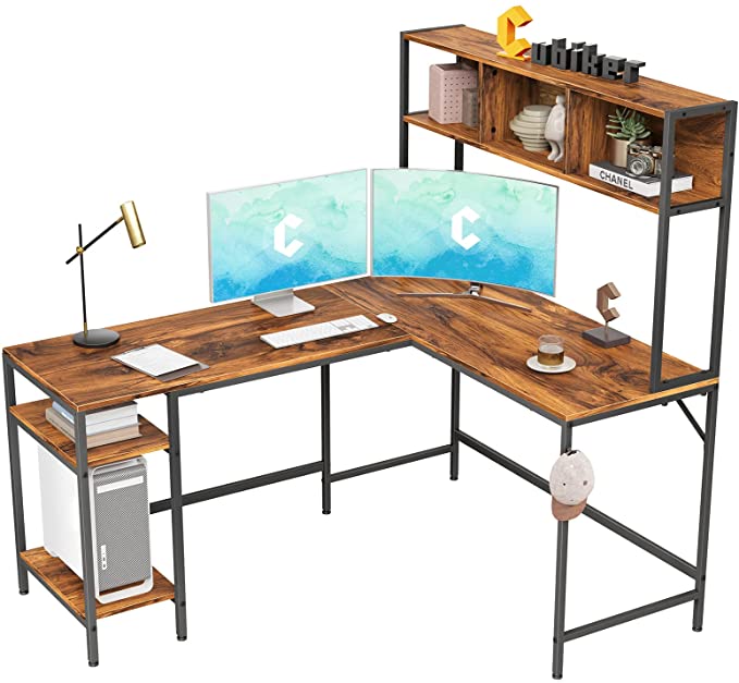 Photo 1 of Cubiker L-Shaped Desk with Hutch, 60" Corner Computer Desk, Home Office Gaming Table with Storage Shelves, Space-Saving, Dark Rustic
