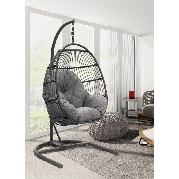 Photo 1 of **STAND ONLY** Patio Crosby Wicker Egg Hanging Chair with Stand and Gray Cushion
