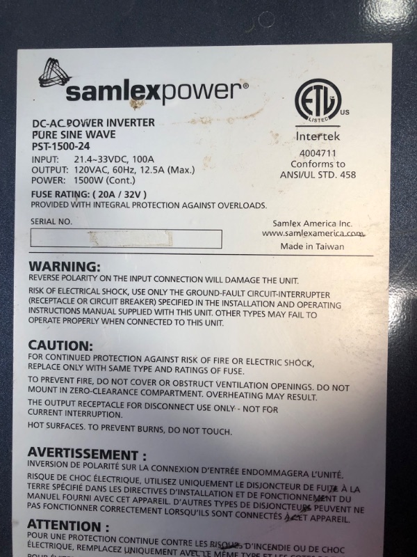 Photo 2 of ***PARTS ONLY*** Samlex 1500W Pure Sine Wave Inverter 24V (PST-1500-24)