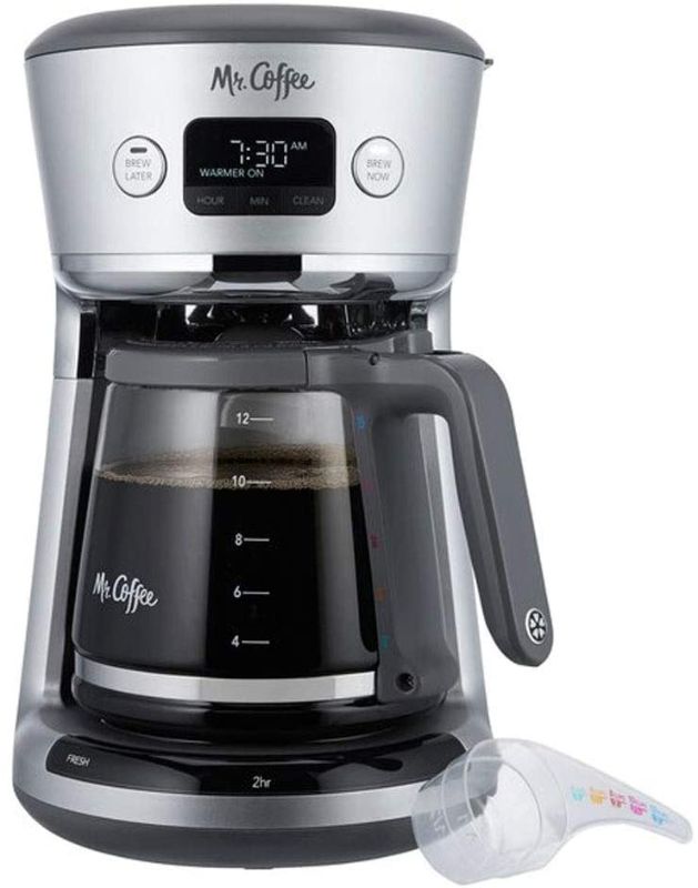 Photo 1 of Mr. Coffee 31160393 Easy Measure 12 Cup Programmable Digital Coffee Maker Machine with Built In Water Filtration and Measuring Scoop, Silver
