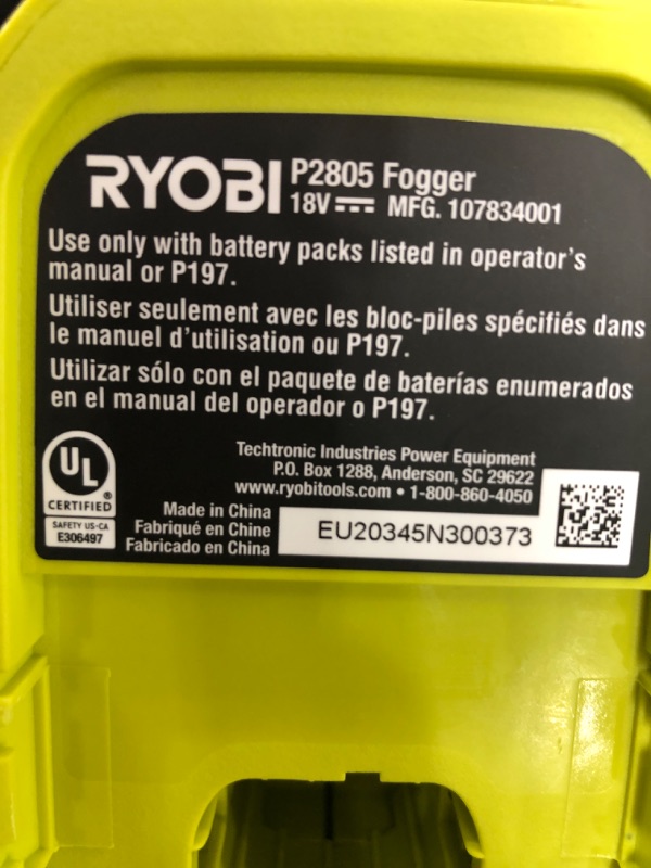 Photo 3 of Ryobi Fogger / Mister Ryobi ONE+ 18-Volt Lithium-Ion Cordless with 2.0 Ah Battery and Charger Included P2850
